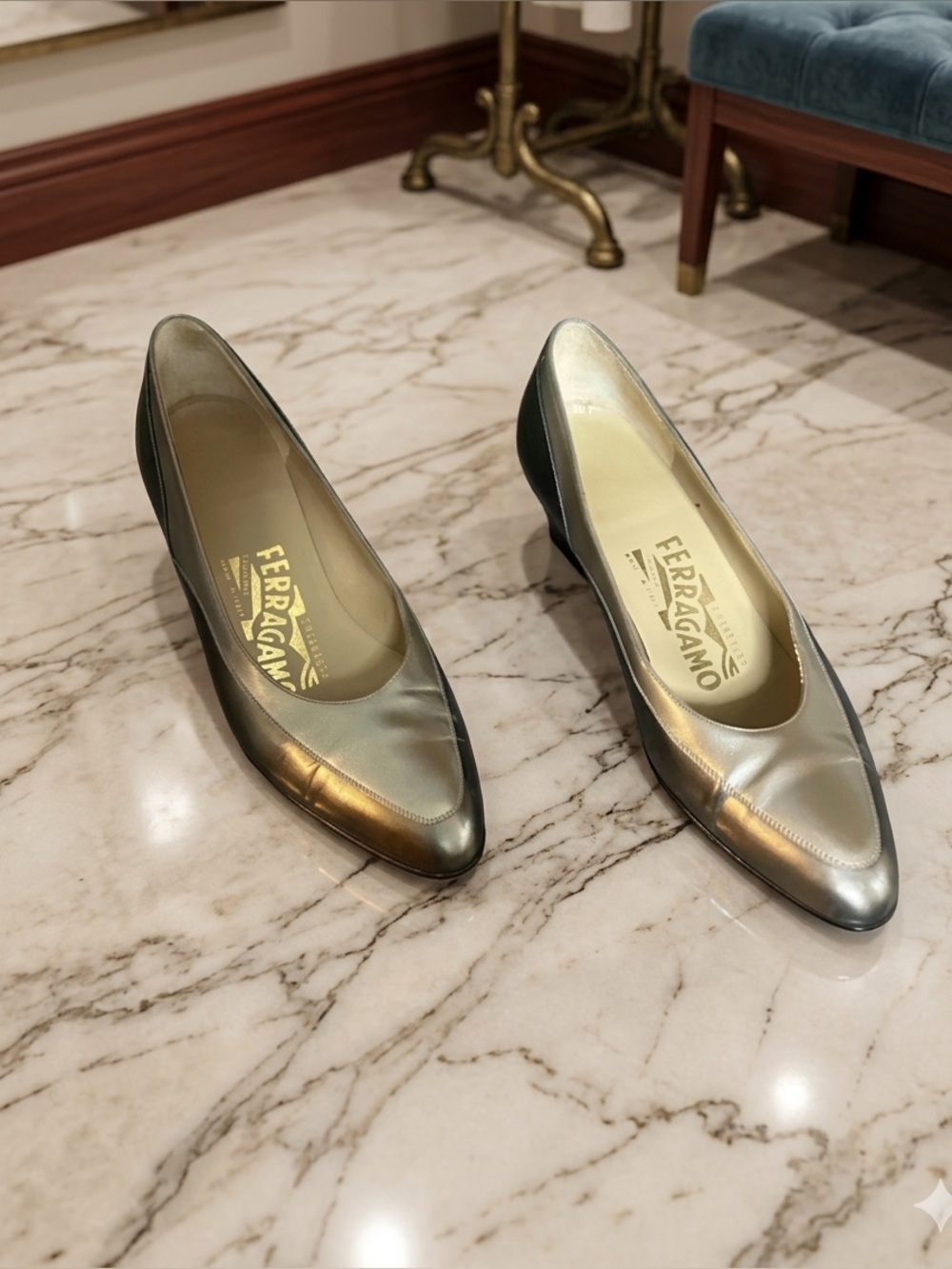 Salvatore Ferragamo Women's Metallic Pewter Pointed-Toe Flats
